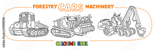 Forestry machinery. Skidding tractor, mulcher, harvester cars coloring book set