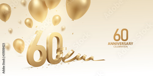 60th Anniversary celebration background. 3D Golden numbers with bent ribbon, confetti and balloons.