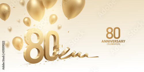 80th Anniversary celebration background. 3D Golden numbers with bent ribbon, confetti and balloons. photo