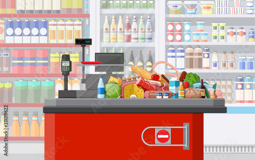 Supermarket store interior with goods. Big shopping mall. Interior store inside. Checkout counter, cash machine, grocery, drinks, food, fruits, dairy products. Vector illustration in flat style