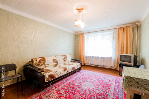 Russia, Omsk- August 05, 2019: interior room apartment. standard repair decoration in hostel