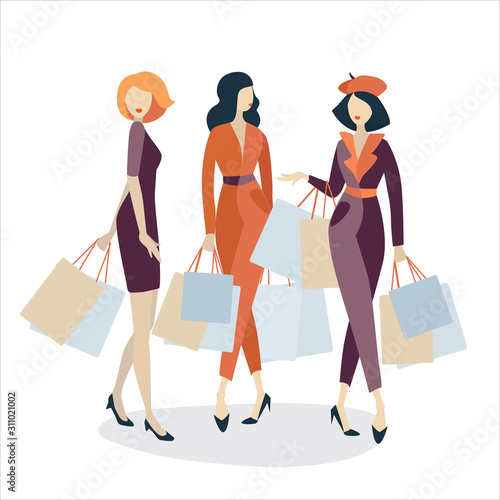 three happy fashion women goes shopping with many packages flat vector illustration