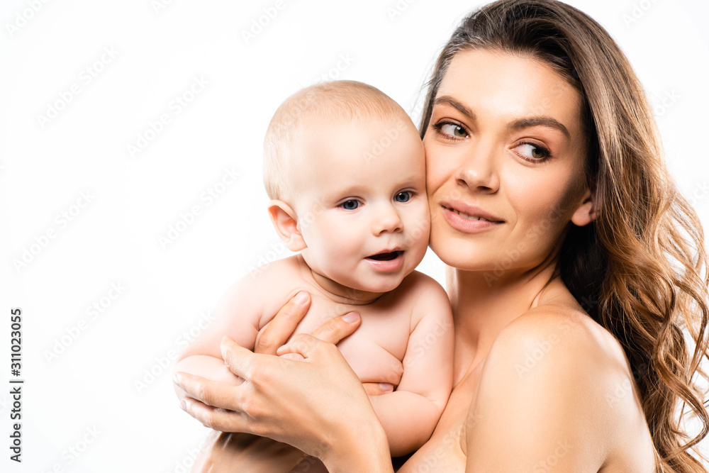 portrait of naked mother holding happy baby boy, isolated on white portrait of naked mother holding happy baby boy, isolated on white