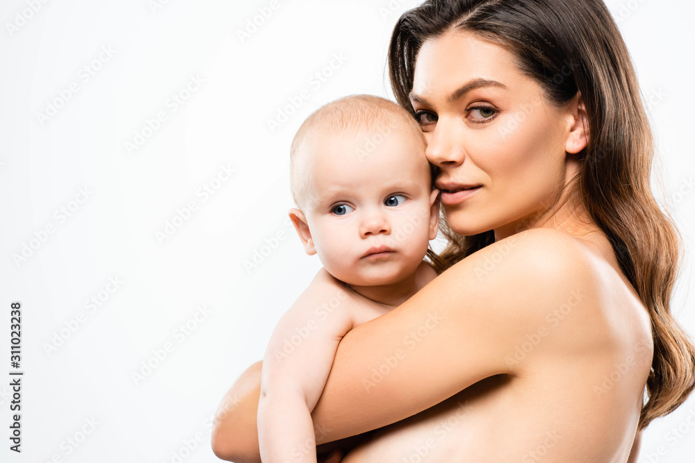 portrait of attractive naked mother hugging baby, isolated on white portrait of attractive naked mother hugging baby, isolated on white
