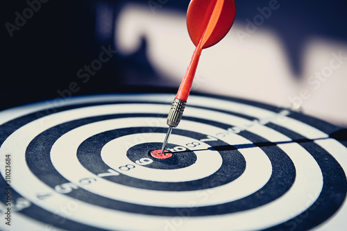 Close up red color arrow in the center of Bullseye concept of business goal and capability.