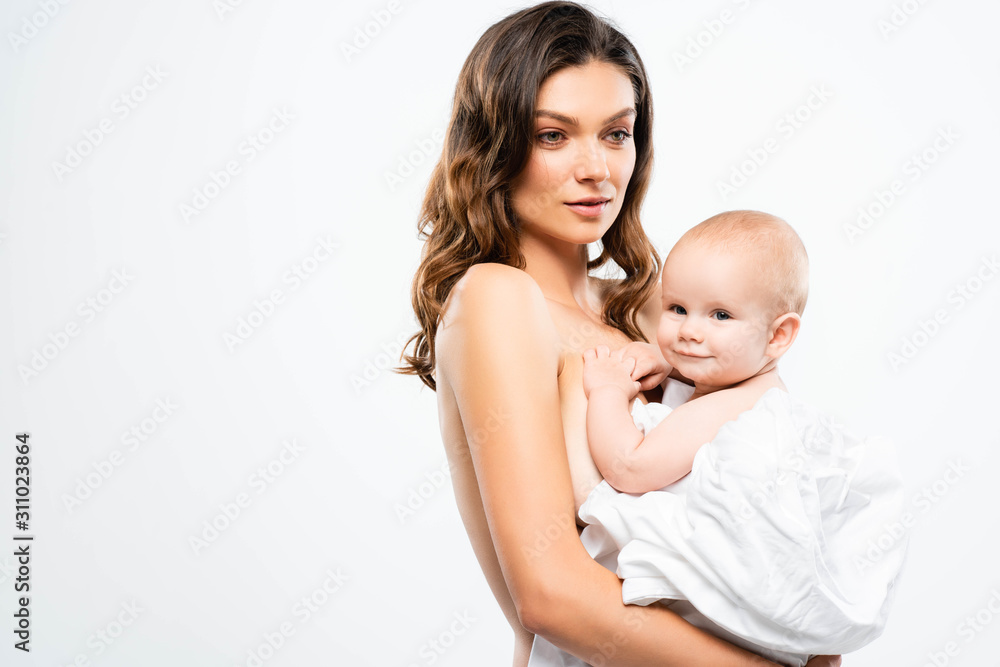 portrait of nude mother holding baby, isolated on white portrait of nude mother holding baby, isolated on white