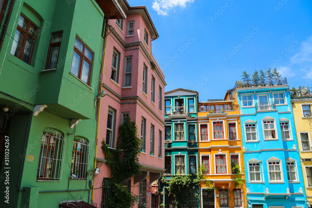 Istanbul, Turkey - 10 July 2019: View of colourful houses in district Balat.