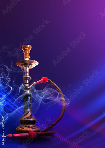 Hookah with smoke on a background of blurry lights. Abstract background, neon glow