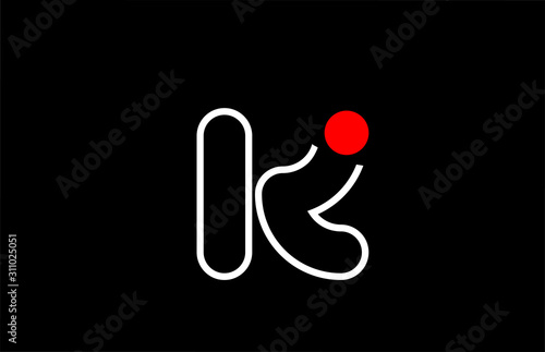 letter k logo line black background alphabet design icon for business with red dot