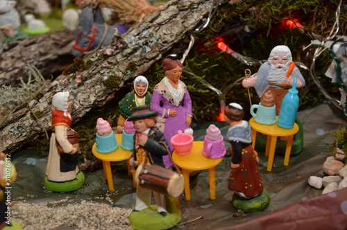 Zoom on Christmas figurines and christmas ornaments 