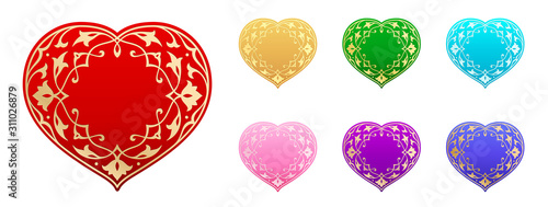 Vector set of hearts in Islamic style. Floral arabesques woven into a heart shape. Gold and silver decor. Red, yellow, green, cyan, pink, purple and blue colors. Isolated stickers and icons about love