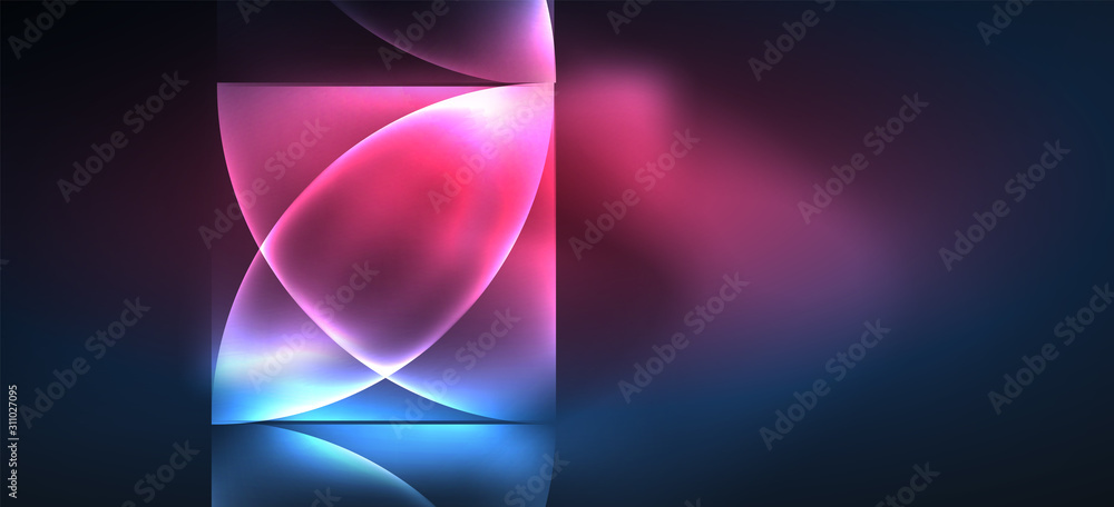 Colorful blue neon shape round triangle in modern style on light background. Dark space, futuristic technology template. Glowing blue neon effect.