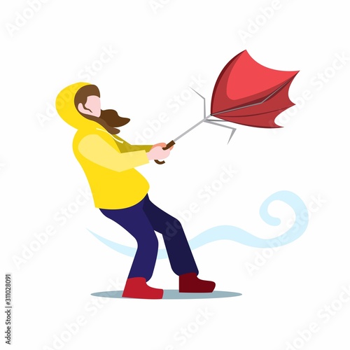 Girl in yellow jacket pull an broken umbrella in strong wind, bad weather hurricanes and storm in city. cartoon flat illustration vector