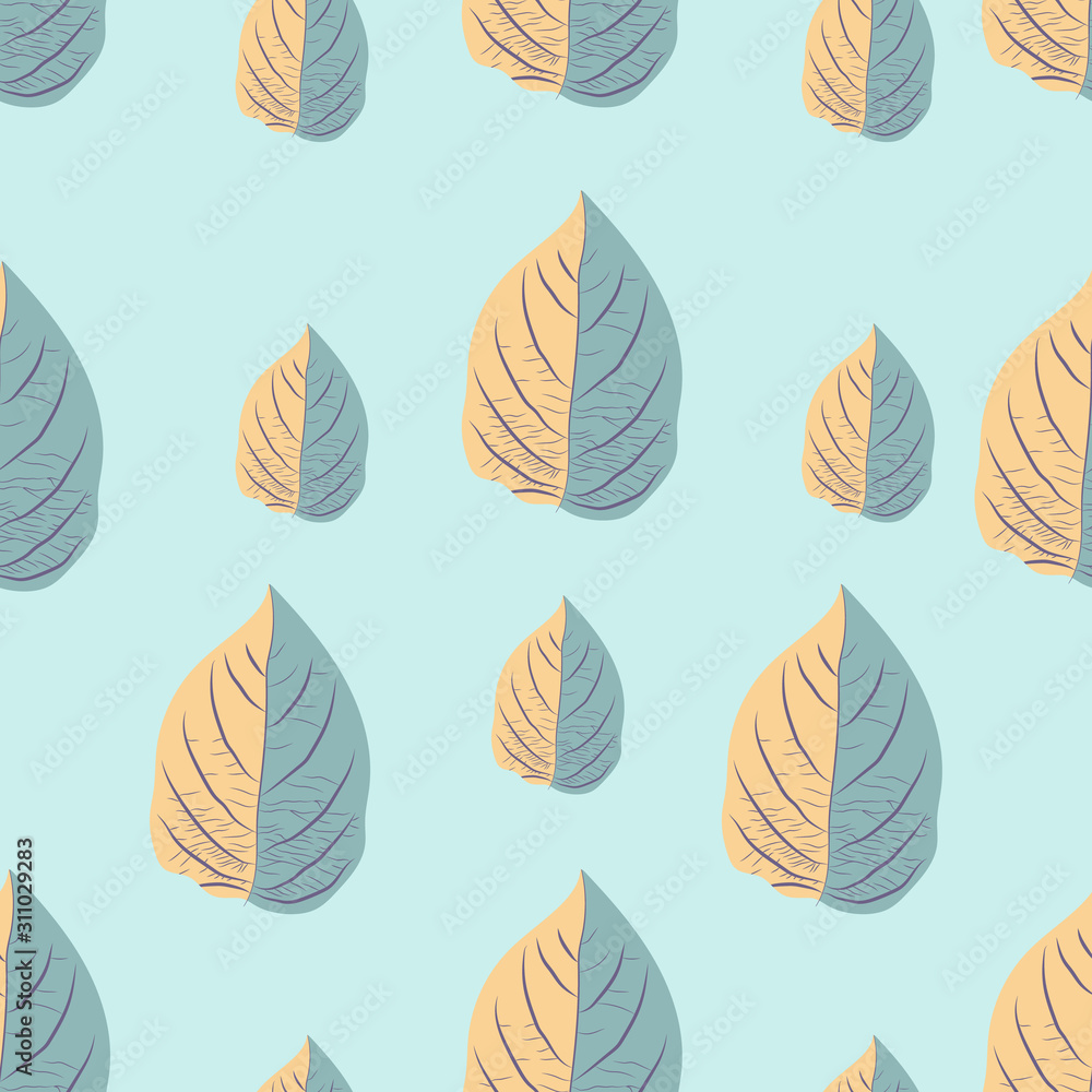 Seamless Yellow-blue leaf  pattern. Repeat pastel foliage background vector illustration. 