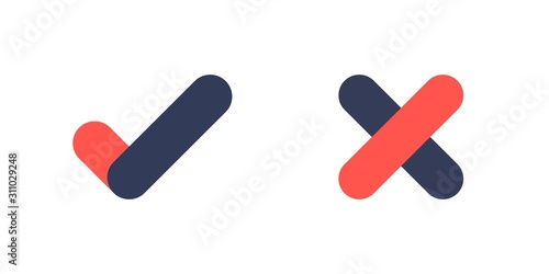 Tick and cross signs, checkmark and x or confirm and deny icon button flat for apps and websites symbol, Isolated sign symbol, Checkmark right symbol tick sign, Test question, checkbox button choose