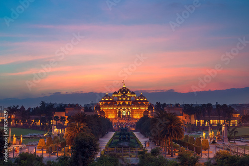 night view of akshardham temple in delhi, india photo