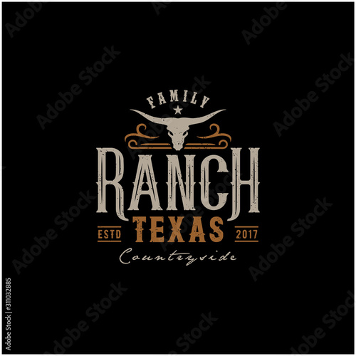 Texas Longhorn Buffalo Bull Cattle Livestock Farm Ranch countryside Country Western Vintage Label Logo Design