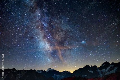 Fotografie, Obraz The Milky Way arch starry sky on the Alps, Massif des Ecrins, Briancon Serre Chevalier ski resort, France