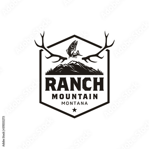 Buck Stag Deer Reindeer Antler and Salmon Bass Carp Fish for Mountain Hunting logo design vector photo