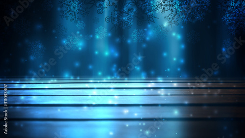 Dark winter background. Wood table top in the foreground, blurred festive background with bokeh in the foreground