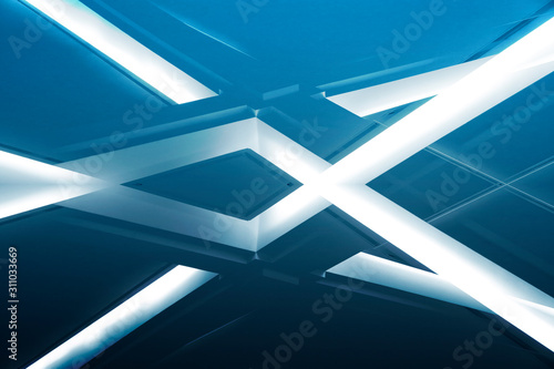 Computer graphics of lighting fixtures. Lamps on dropped ceilings. Abstract modern architecture of an office building interior fragment resembling glowing girders. Background with geometric structure.