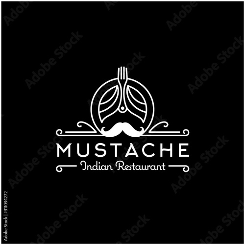 Turban Guru Fork Mustache India Indian Cuisine Food Restaurant logo design 