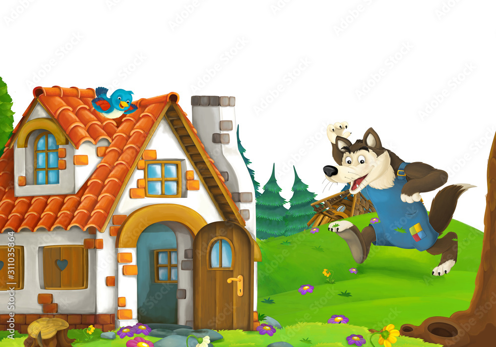 cartoon scene with home of three pigs farmers near the meadow with white background space for text - illustration for children cartoon scene with home of three pigs farmers near the meadow with white background space for text - illustration for children