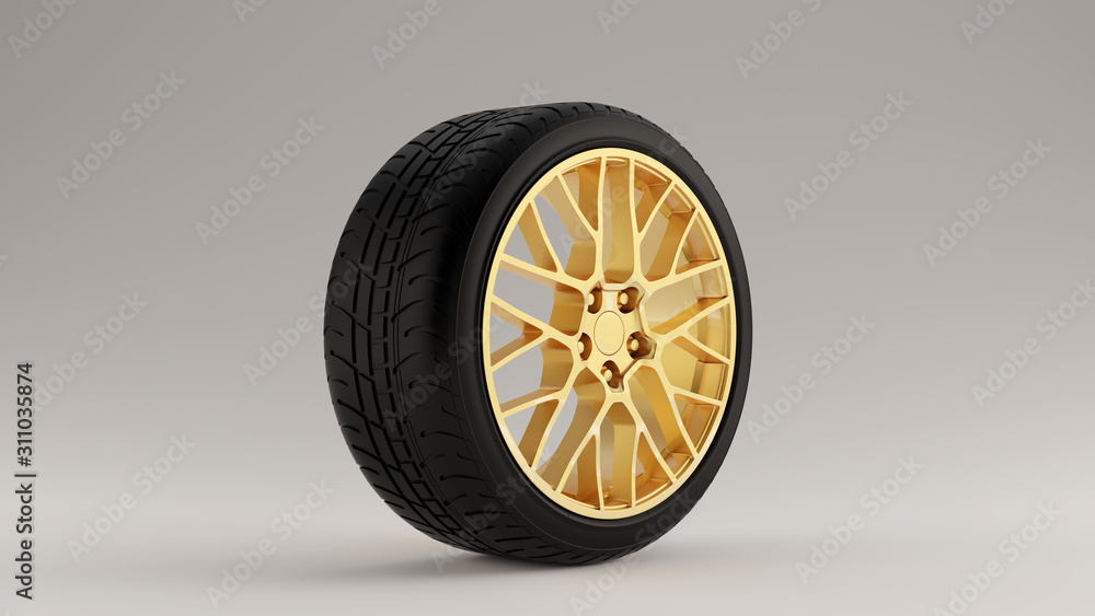Black an Gold Alloy Rim Wheel with a Complex Multi Spokes Open Wheel Design with Racing Tyre 3d illustration 3d render