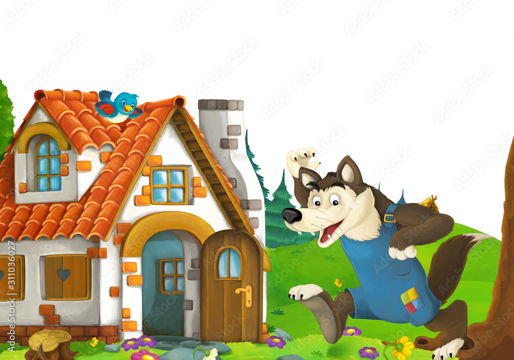 cartoon scene with home of three pigs farmers near the meadow with white background space for text - illustration for children cartoon scene with home of three pigs farmers near the meadow with white background space for text - illustration for children