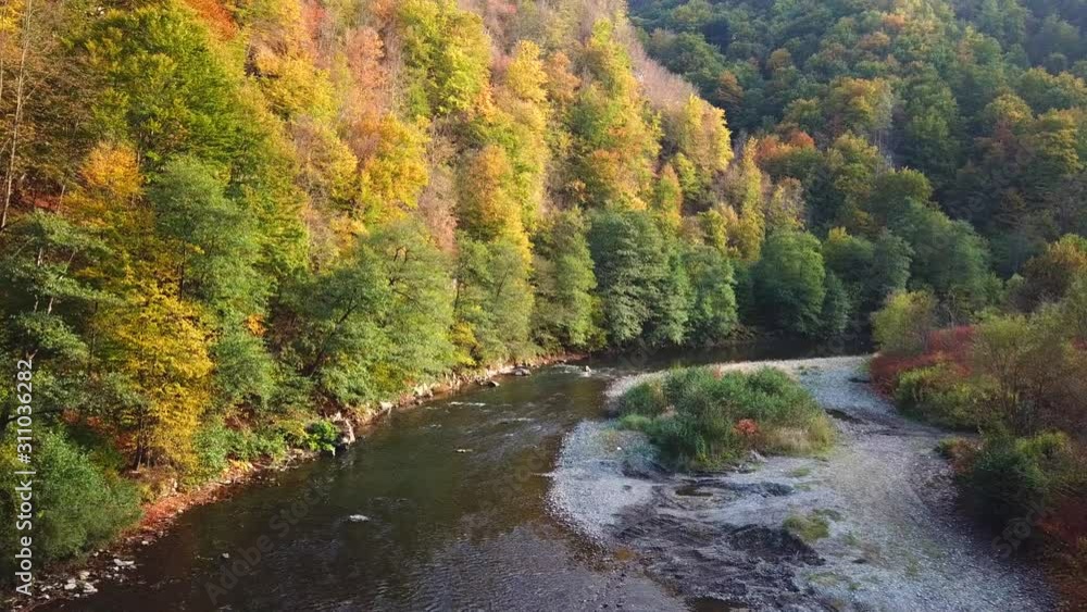 Aerial shot of a river flowing surrounded by an autumn mountain forest Aerial shot of a river flowing surrounded by an autumn mountain forest