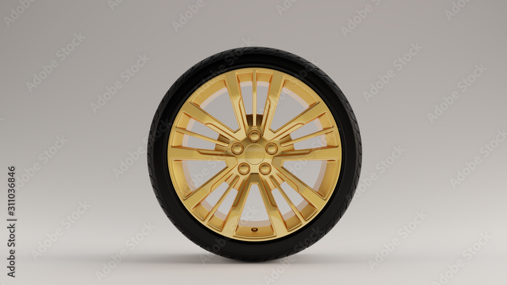 Black an Gold Alloy Rim Wheel with a 5 Spoke Intricate Flared Open Wheel Design with Racing Tyre 3d illustration 3d render