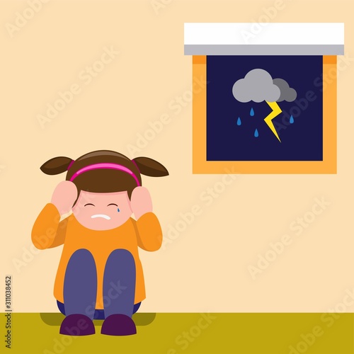 little girl close ear scary of lightning in rainy day, phobia, children scene in rain season. cartoon flat illustration vector