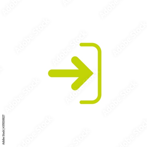 Enter or log in icon. Isolated on white. olive green right rounded arrow with bracket.