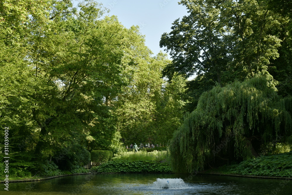 Obraz premium Petite statue émergeant de la végétation luxuriante d'un des étangs au parc Josaphat à Schaerbeek
