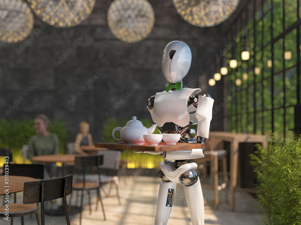 A Humanoid Robot Waiter Carries A Tray Of Food And Drinks In A Restaurant Artificial Intelligence Replaces Maintenance Staff The Concept Of The Future 3d Rendering Stock イラスト Adobe Stock