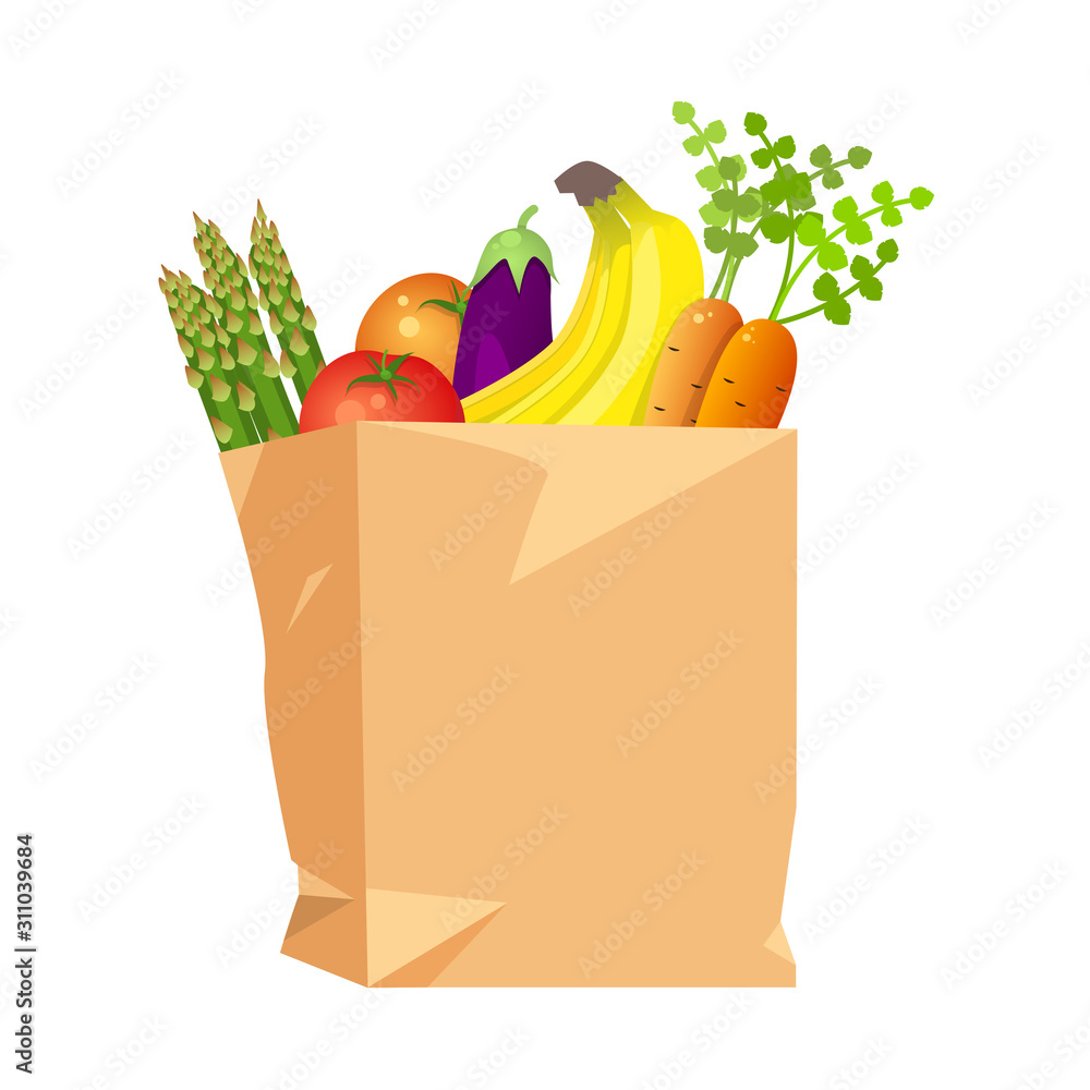 Naklejka vector drawing on a white background, a paper bag with vegetables and fruits, tomatoes, bananas, asparagus, carrots, eggplant. Isolated, can be used as a clip art as a symbol of vegetarianism, vegan
