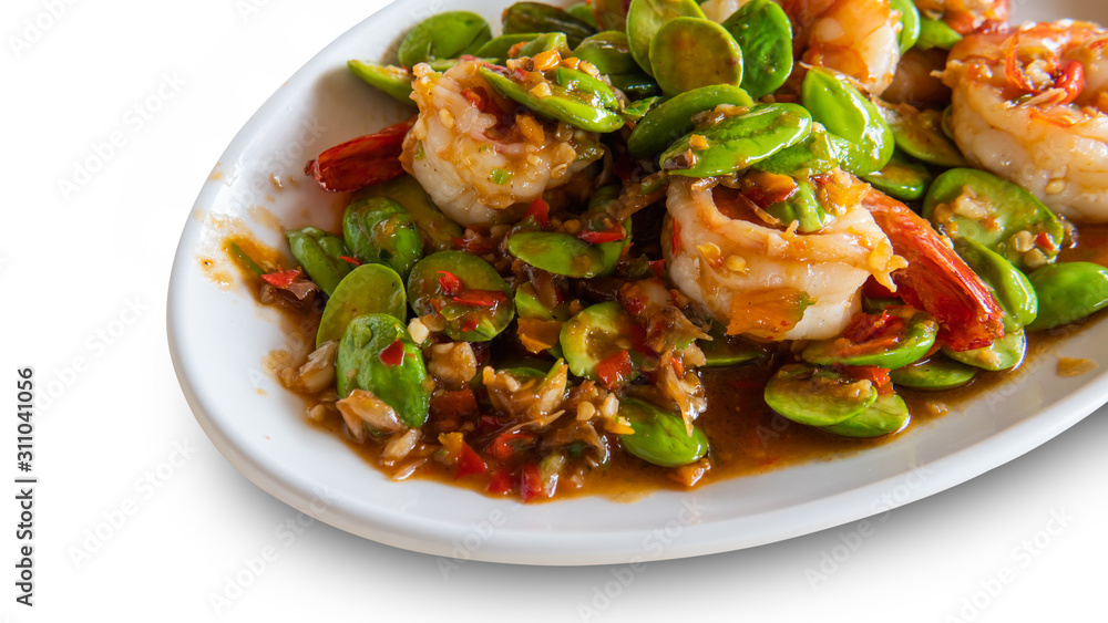 Bitter beans or Sato fried with shrimp. The Thai cuisine with strong taste and smell. Picture is on white background. Clipping path is included. Bitter beans or Sato fried with shrimp. The Thai cuisine with strong taste and smell. Picture is on white background. Clipping path is included.