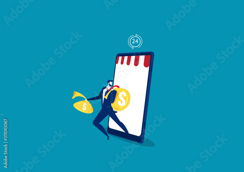 business man running with big bag profit from ecommerce shopping concept. vector illustration