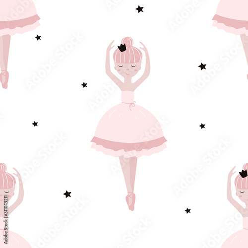 Seamless pattern with ballerina and stars on white background. Vector illustration for printing on fabric, postcard, wrapping paper, gift products, Wallpaper, clothing. Cute baby background for girls.