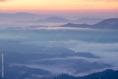  Landscape of  Sunrise and sea of clouds over mountains layer District Mae Hong Son, THAILAND. © pigprox