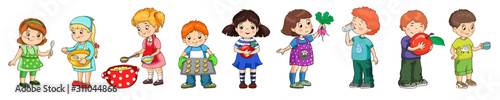 Vector kids for menu templates. Children eat healhy food and cooking.