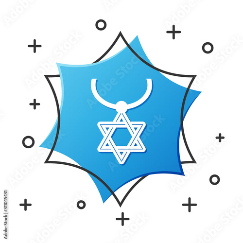 White line Star of David necklace on chain icon isolated on white background. Jewish religion symbol. Symbol of Israel. Jewellery and accessory. Blue hexagon button. Vector Illustration