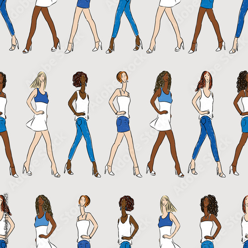 Seamless pattern of striding fashionable slender girls