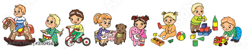 Children play in kindergarten. Kids with toys.