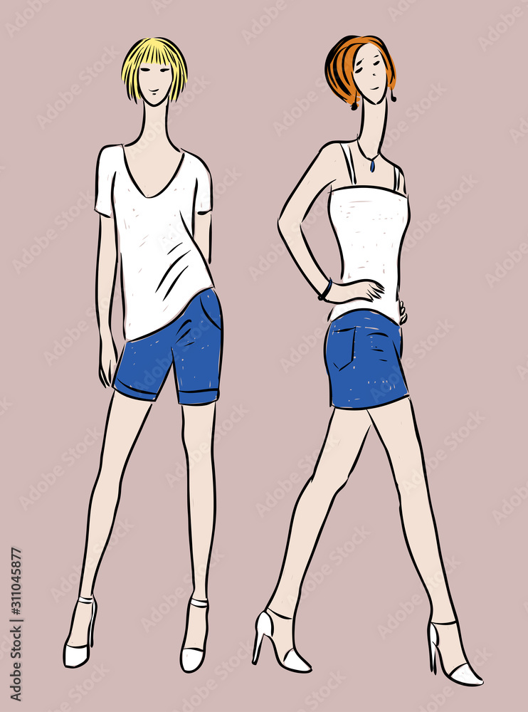 Vector drawing of fashionable slim women in denim skirt and sorts Vector drawing of fashionable slim women in denim skirt and sorts