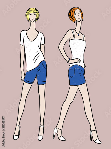 Vector drawing of fashionable slim women in denim skirt and sorts