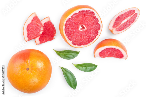 Grapefruit and slices with leaves isolated on white background. Top view. Flat lay