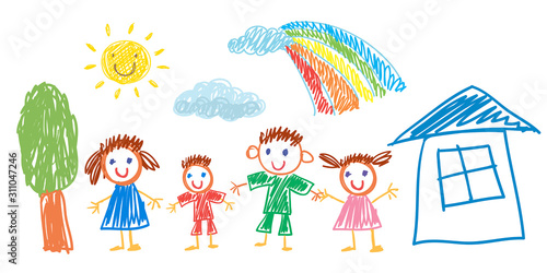 Father, mother, son and daughter together. Happy family with house and rainbow. Vector illustration kids drawing style.