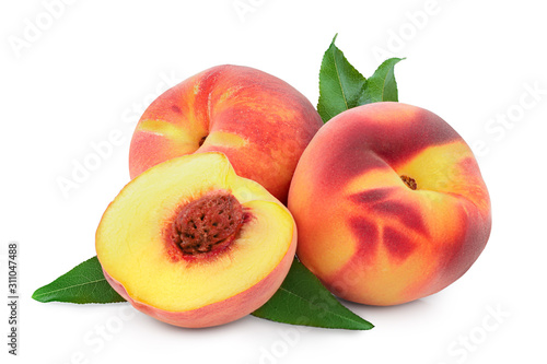 Tela Ripe peach fruit and half with leaf isolated on white background