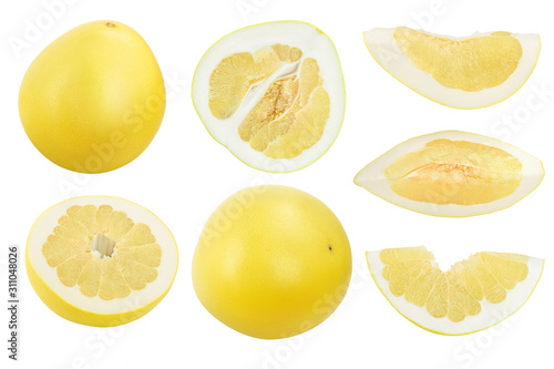 pomelo and slice isolated on white background. Top view. Flat lay. Set or collection photo